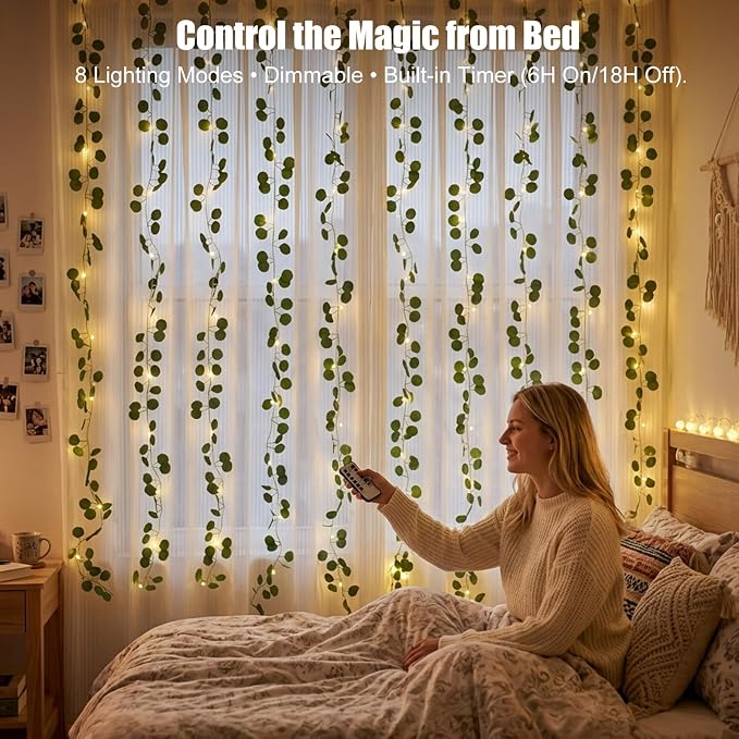Bexdir 200 LED Curtain Vine Lights for Bedroom Decoration, 6.6x6.6ft Pre-Assembled Hanging Fake Vines with Fairy Lights USB Powered, Aesthetic Artificial Eucalyptus Lights for Room Wall Decor