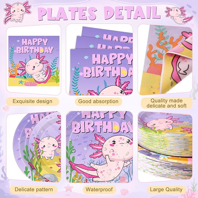 Pickmesh 250 Pcs Axolotl Birthday Disposable Tableware Set Reptile Animals Plates Napkins Cups Cutlery Purple Pink Cartoon Axolotl Birthday Party Supplies Favors for Baby Shower, Serve 50 Guest