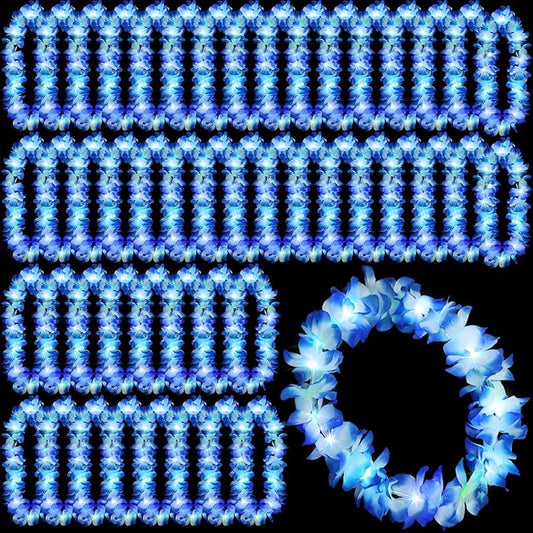 Sherr 48 Pcs LED Hawaiian Leis Light up Flower Leis Necklace with LED Lights Luau Flowers Necklaces for Masquerade Beach Wedding Tropical Themed Party Supplies(Blue)