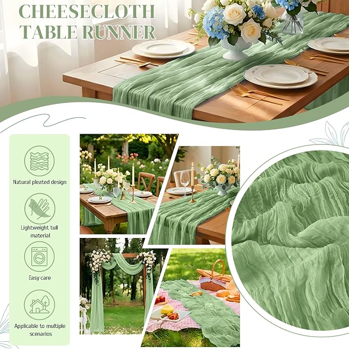 6 Pack Sage Green Cheesecloth Table Runner 21x120 Inches, Boho Gauze Rustic Semi Sheer Cheese Cloth Table Runners for Easter Wedding Bridal Baby Shower, Birthday Party, Long Farmhouse Table Decor