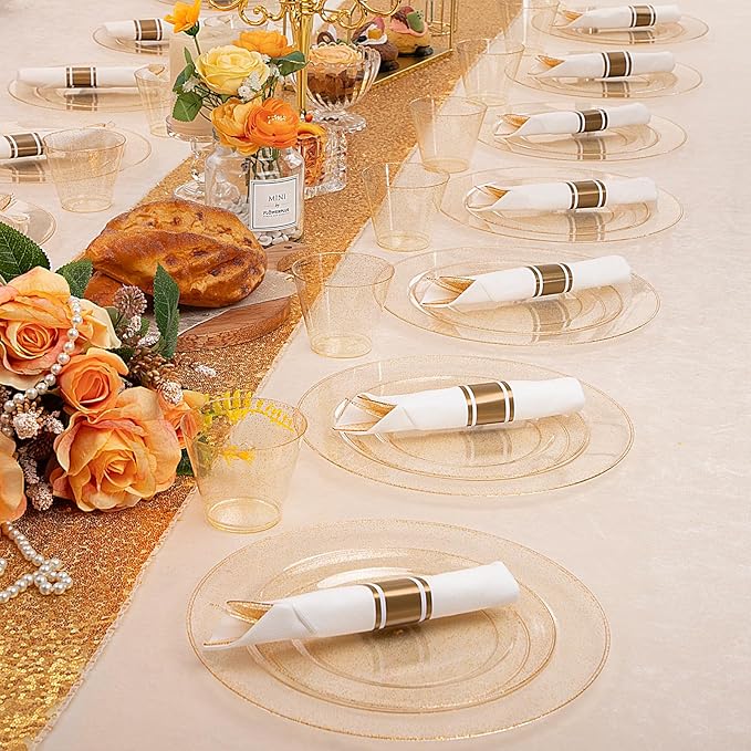 DaYammi 112Pcs Gold Glitter Plastic Plates,Gold Disposable Dinnerware - Gold Plastic Plates Includes 16 Dessert Plate,16 Dinner Plate,16 Per Rolled Napkins with Cutlery and Cups for Party Wedding