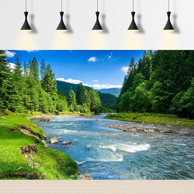 River Stream Backdrop Mountain Forest Pine Trees Natural Landscape Photography Background Clouds Blue Sky Outdoor Games Theme Party Background Decorations Jungle Trees Backgrounds Props 15x8ft