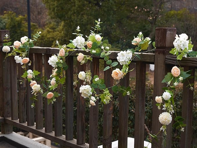 MISSPIN 5.9Ft Eucalyptus Garland with Flowers, Artificial Fake Flower Greenery Spring Garland for Baby Shower Wedding Mantle Table Centerpiece Spring Decor