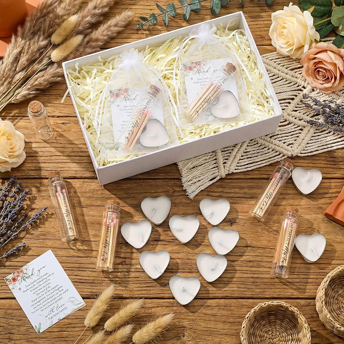50 Sets Wedding Party Favors for Guests Bulk Including Heart Shaped Candles and Empty Matches Jars with Cork Top Thank You Cards and Organza Bags for Wedding Bridal Shower Party (Boho Flower)