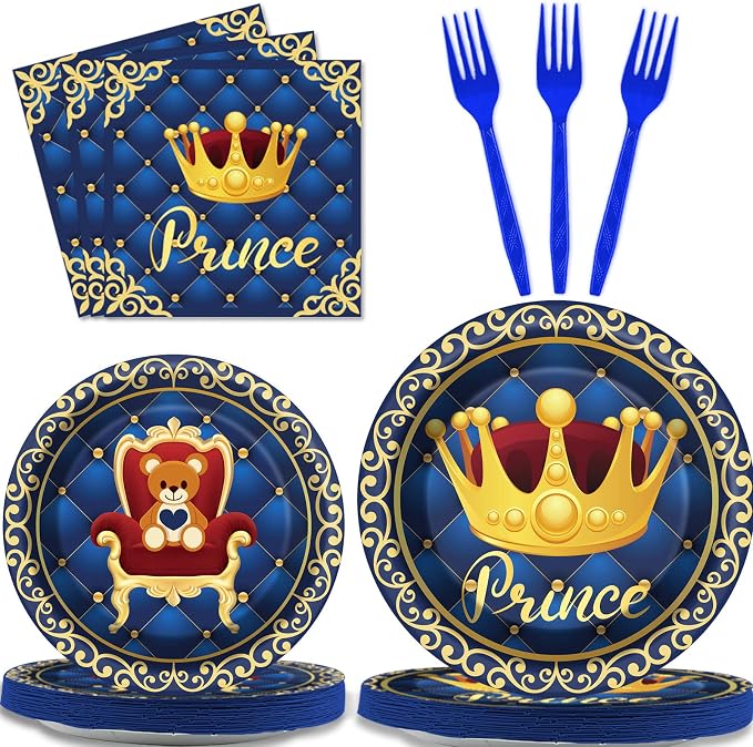 chiazllta 96 Pcs Royal Blue Prince Party Paper Plate and Napkins Supplies Little Blue Prince Theme Baby Shower Dinnerware Decor Blue and Gold Crown Paper Plate Napkin Fork for Party Favors 24 Guests