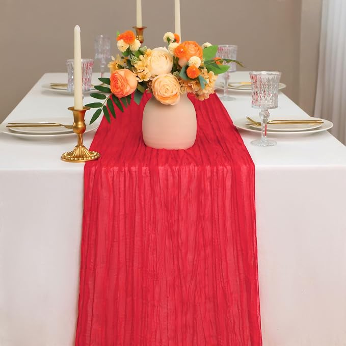 Snowkingdom 10 Ft Red Valentine's Day Cheesecloth Table Runner, 120 inch Long Boho Gauze Runner for Wedding Bridal Baby Shower Birthday Holiday Table Decorations