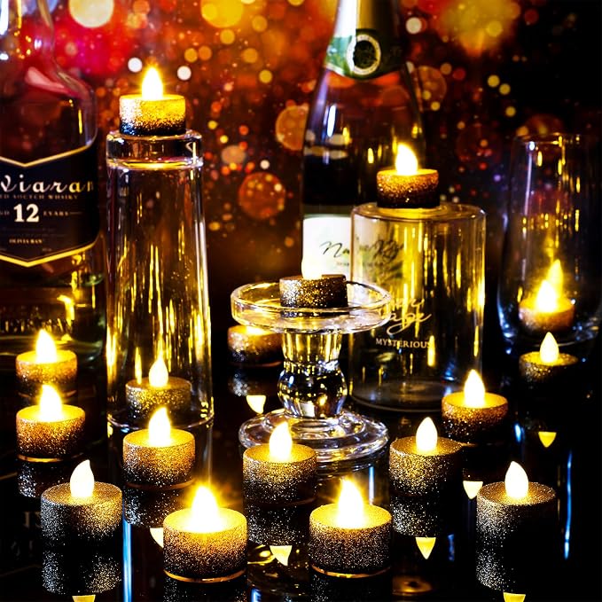 Retisee 48Pcs Flameless LED Tea Lights Glitter Electric Fake Candles for Centerpieces Battery Operated Anniversary Romantic Winter Decor for Wedding Christmas Birthday(Gold,Black,1.46inch)
