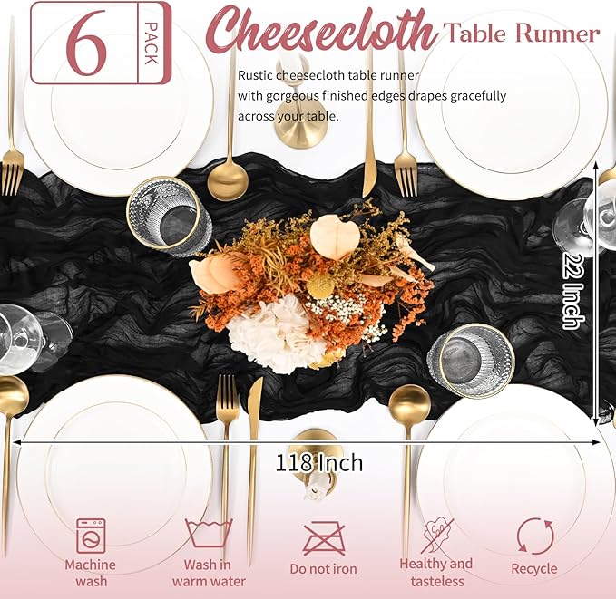 6 Pack Black Table Runner 10FT Long Cheesecloth Table Runner Cheese Cloth Gauze for Wedding Party Birthday Decoration-Black