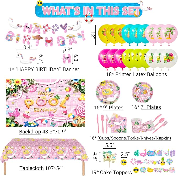 159Pcs Pink Pool Happy Birthday Summer Themed Party Decorations, Plates Napkins Cups Tableware, Swim Pool Tube Backdrop Tablecloth, Happy Birthday Banner, Colorful Printed Ballons for Kids Adults