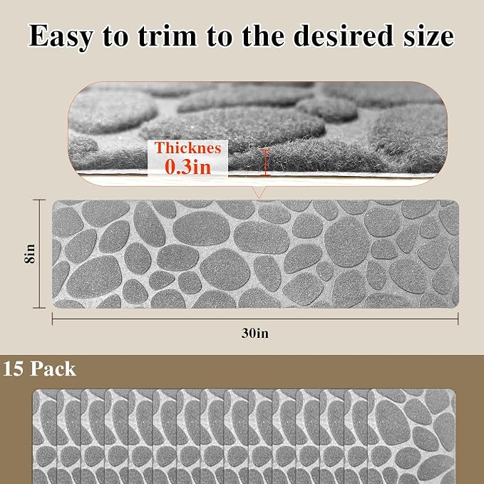 Self Adhesive Residue Free Machine Washable Reusable Stair Treads Non Slip Steps - 100% Polyester Heavyduty TPE Backing Wooden Stair Runner Indoor - 15 Pack 30"X8" Anti Slip Mats - Stone Grey