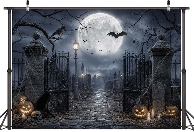 20x10ft Halloween Backdrop Spooky Graveyard Cemetery Full Moon Pumpkin Black Cat Skull Photography Background, Horror Fall Party Decor Photo Booth Props, Kids Birthday Studio Wall Decor Banner