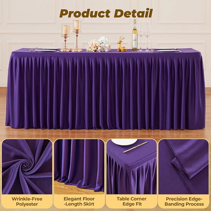 Purple Polyester Table Cloths for Rectangle 6 Foot Tables, 6 Pack Wrinkle Free Tablecloths Stretchy Banquet Ruffle Fitted Table Cover Desk Skirt for Parties Wedding Birthday Baby Shower