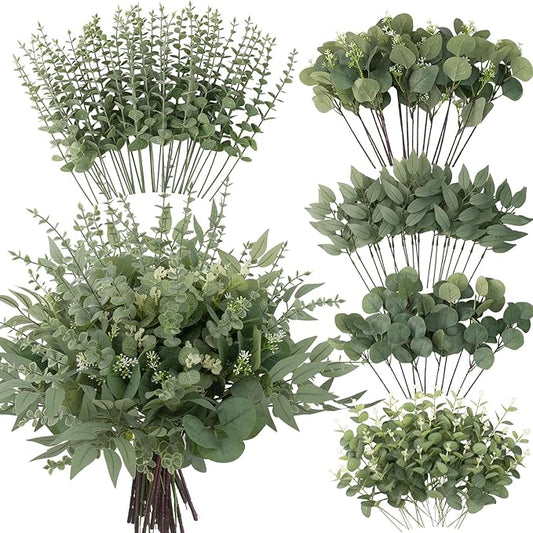 lovemoon 260 Pcs Artificial Mixed Eucalyptus Stems Bulk, 5 Kinds of Faux Greenery Eucalyptus Leaves Bulk for Vase Wedding DIY Bouquets Floral Arrangement Home Decor (260, Green)