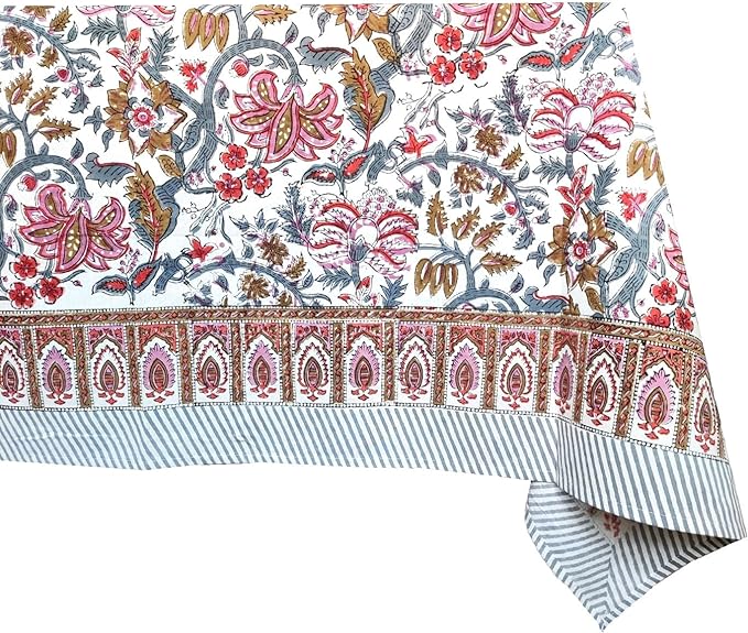 ATOSII Eden 100% Cotton Fall Tablecloth, Handblock Floral Print Rectangle Linen for Kitchen Dining I Parties Wedding Christmas Thanksgiving Outdoors I Spring Summer 72 X 120 Inches I 10 Seater Table