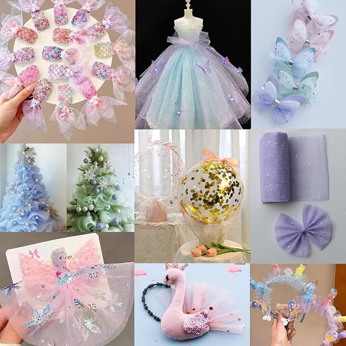 Glitter Tulle Fabric Roll 6 Inch x 9 Yards (By the Yard) 8 Assorted Colors - Durable Tulle Mesh Ribbon for DIY Tutu, Wedding Decorations, Baby Shower & Christmas Craft Supplies