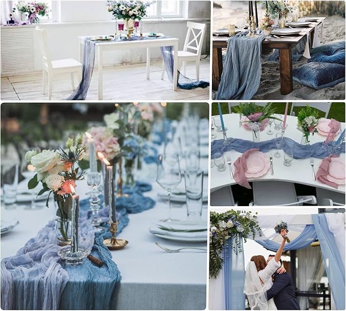 8 Pack Dusty Blue Cheesecloth Table Runner 10Ft Gauze Cheese Cloth Table Runner 35x120Inch Romantic Boho Table Runners for Wedding Anniversary Birthday Party Bridal Baby Shower Engagement Table Decor