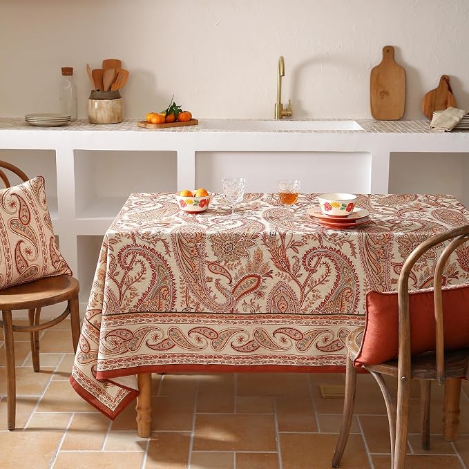 ISAENNE Designer Vintage Linen Rectangular Tablecloth,94"x63"-Chauffrey D | Vintage French Table Cloth Rectangle Table,Cashew Pattern,Durable,Heavyweight,Dining,Kitchen,Tea Party,Thanksgiving