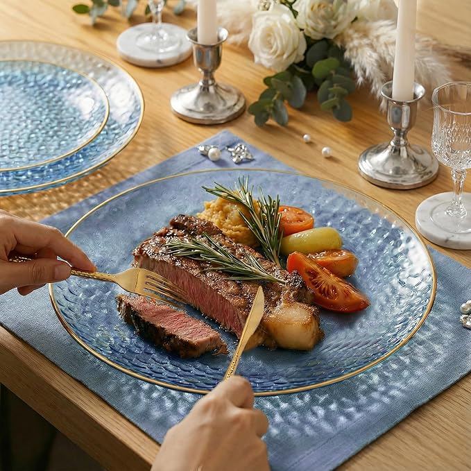 I00000 150Pcs Clear Blue Plastic Plates with Gold Rim,Blue Disposable Plates,Clear Hammer Patterned Disposable plates Set include 30 Dinner Plate,30 Dessert Plate,90 plastic Silverware Set for Party