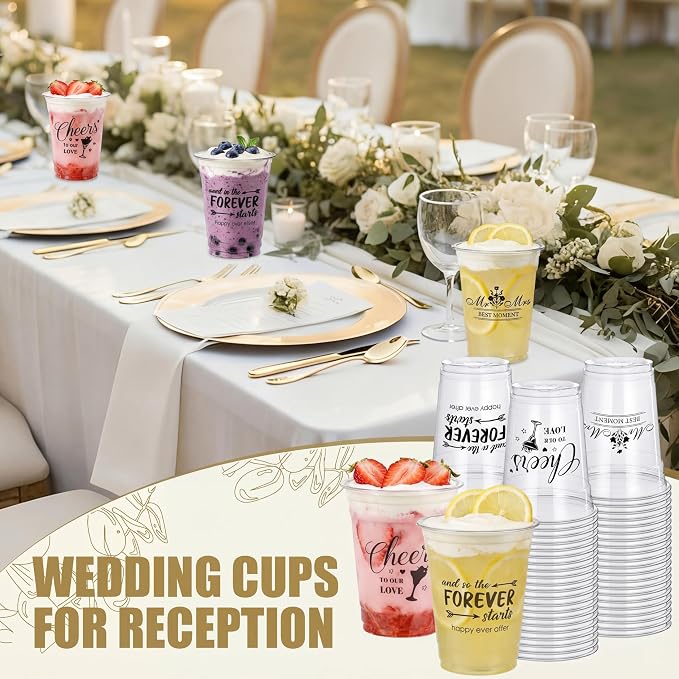 150 Pcs Wedding Plastic Cups Bulk 12oz Bridal Shower Cups Wedding Decorations for Reception Mr and Mrs Cheers to Love Bridal Party Supplies