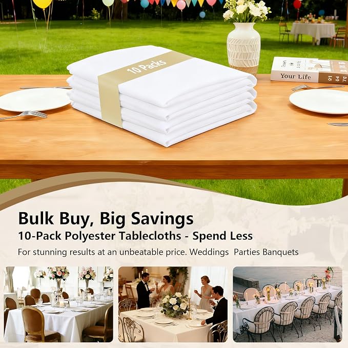 White Tablecloths for Rectangle Tables, 10-Pack - 60x126 Inch | Reusable & Washable Table Cloths for 8 Foot Tables, Polyester Fabric Tablecloth for Wedding, Party, Banquet