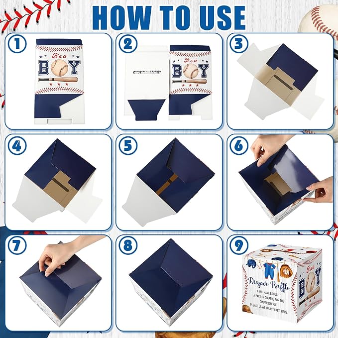 Teling 51 Pieces Diaper Raffle Tickets with Card Box Baby Shower Decorations Gender Reveal Holder Box for Girl Boy Diaper Raffle Party (Baseball, A Little Slugger is on the Way)