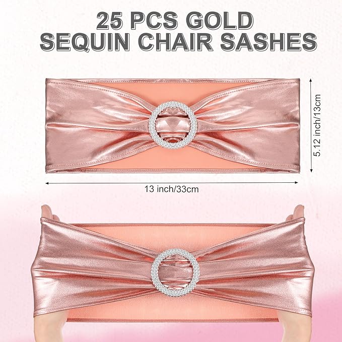 Preboun 50 Pack White Folding Chair Cover Set with 25 Spandex Chair Slipcovers 25 Sequin Chair Sashes Bow Washable Chair Protector Chair Cover for Party Wedding Banquet Event(White, Rose Gold)