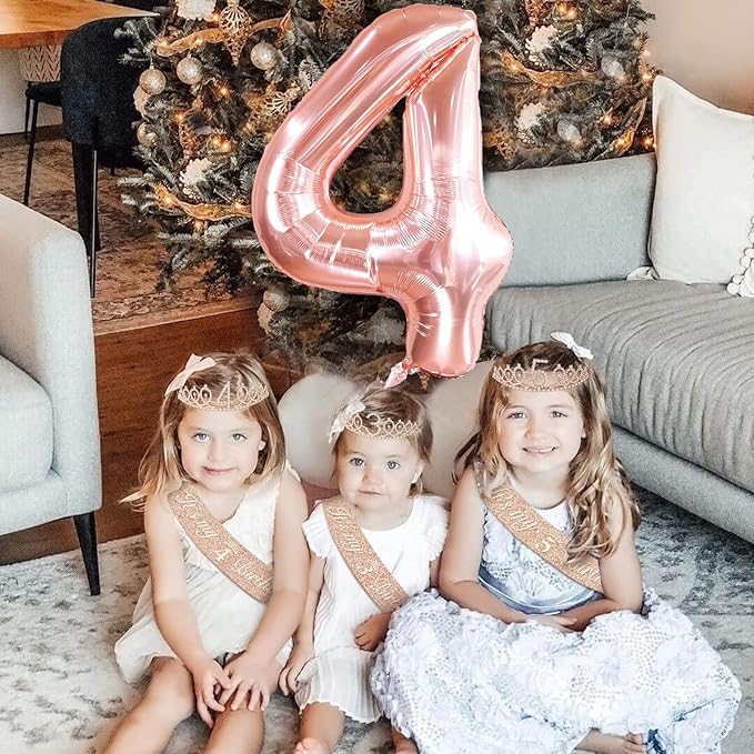 4th Birthday Decorations for Girls, Including 4th Birthday Sash and Tiara, Cake Topper and Candle, Number Balloon, 4 Year Old Gifts for Girls
