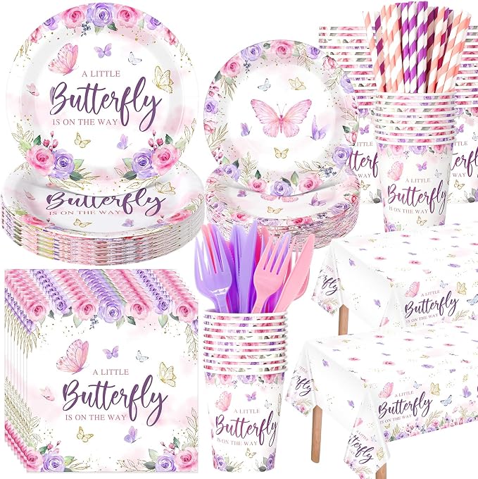Funnymoom 452 Pcs Butterfly Baby Shower Party Supplies Set a Little Butterfly Is on the Way Party Decorations Include Butterfly Paper Plates Napkins Cups Tablecloth Cutlery Straws for ladies Spring