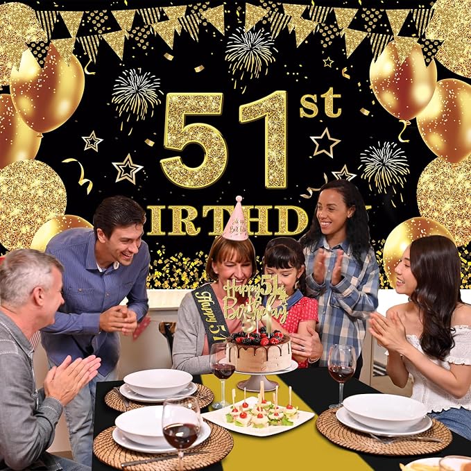 51st Birthday Decorations Men Women with 51st Birthday Banner, Black and Gold Table Cloth, Number Balloons, Large Sash, Cake Topper and Candles