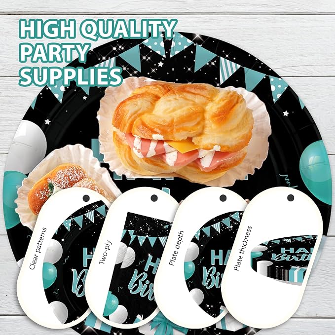 96 Pcs Happy Birthday Party Supplies Teal Blue and Black Decorations 350 GSM Disposable Turquoise Birthday Party Plates and Napkins Set Teal Blue Black Decorations for Graduations Kid Adults Serves 24