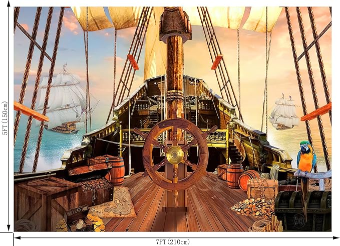 Pirate Ship Backdrop for Photography Nautical Treasure Map Old Wooden Deck Kids Boys Happy Birthday Supplies Baby Shower Decorations Banner Background Photo Studio Booth Props 7X5FT CEM320B