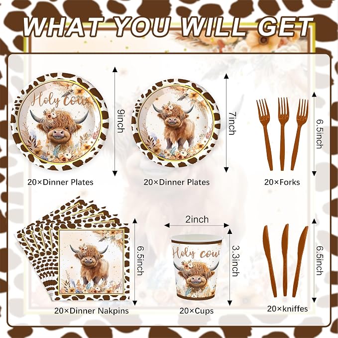 120PCS Boho Highland Cow Party Supplies for Boys girls Holy Cow Highland Themed Baby Shower Birthday Party Decorations Tableware Set Plates Napkins Cups Set for 20 Guests