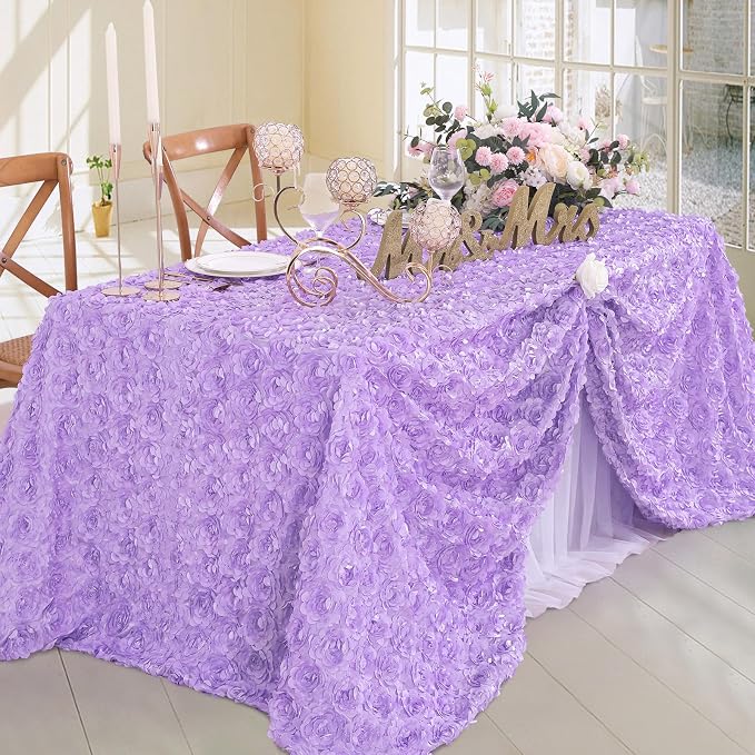 Fanqisi 3D Floral Tablecloth Rectangular 90x132 Inches Lavender Rosette Tablecloth for Outdoor Dinner Wedding Baby Shower Cake Table Decoration