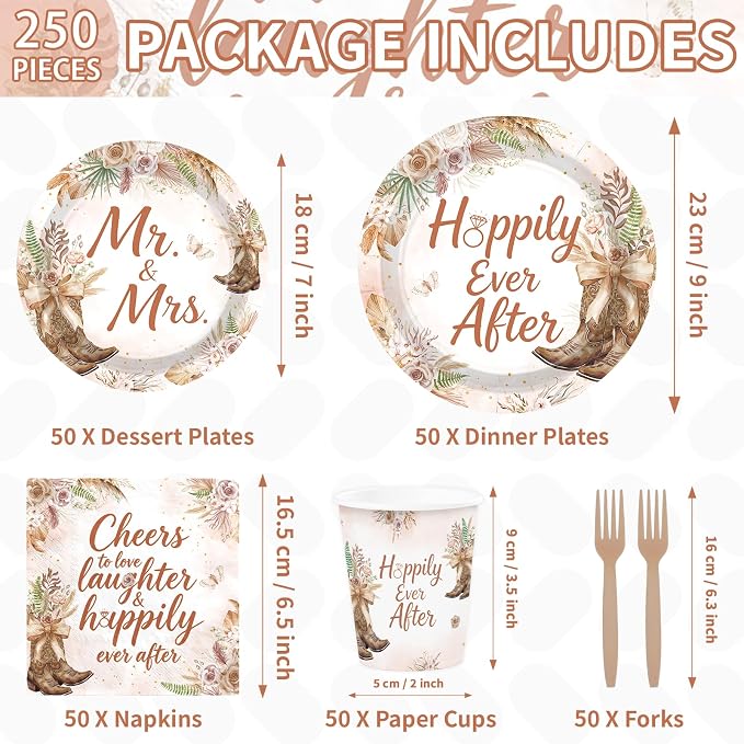 250Pcs Boho Cowgirl Bridal Shower Party Supplies Cheers to Love Laughter and Happily Ever After Plates and Napkins Tableware Set Wedding Decorations for Western Engagement Mr and Mrs Party Serve 50