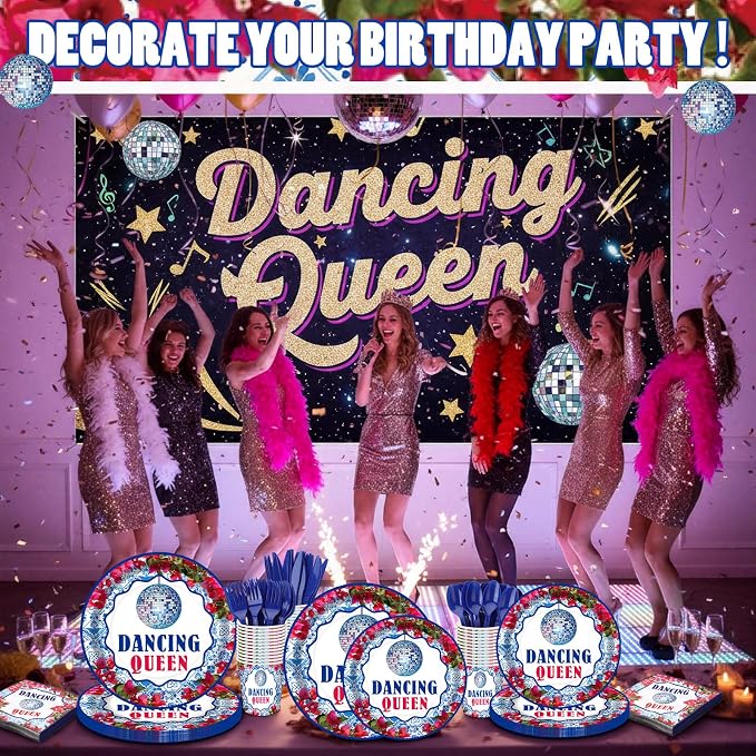 168 Pcs Dancing Queen Party Decorations Retro Disco Birthday Party Supplies Queen 17th Paper Plates Napkins 70s Disco Bachelorette Decor Blue Tiles Rose Red Floral Tableware Set Serves 24