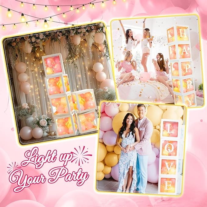 Ledido Baby Boxes with Letters for Baby Shower Decorations, 4 Pcs Transparent Balloon Boxes Blocks with Fairy String Lights, Clear Balloon Boxes for Boy Girl Gender Reveal 2026 HOCO Party Decor(White)