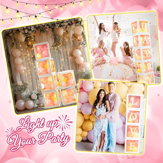 Ledido Transparent Balloon Boxes, Clear Balloon Boxes with 6 Pcs String Lights and 78 Letters for Baby Shower Gender Reveal 2026 New Year Grad Party Birthday Anniversary Bridal Decor - 6 White Boxes