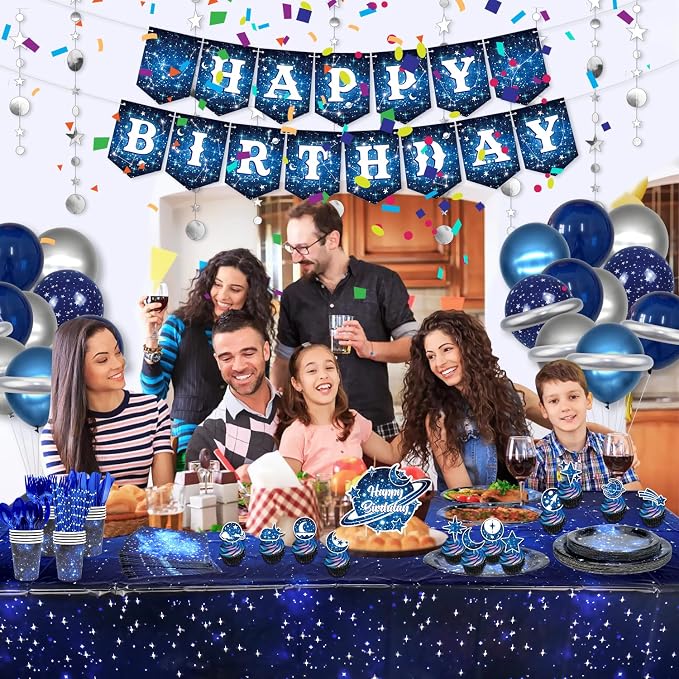 Space Galaxy Party Supplies, Includes Happy Birthday Banner, Plates, Cupcake Topper Napkins, Cups, Tablecloth, Balloons, for 20 Guests Galaxy Outer Space Theme Birthday Party Decoration