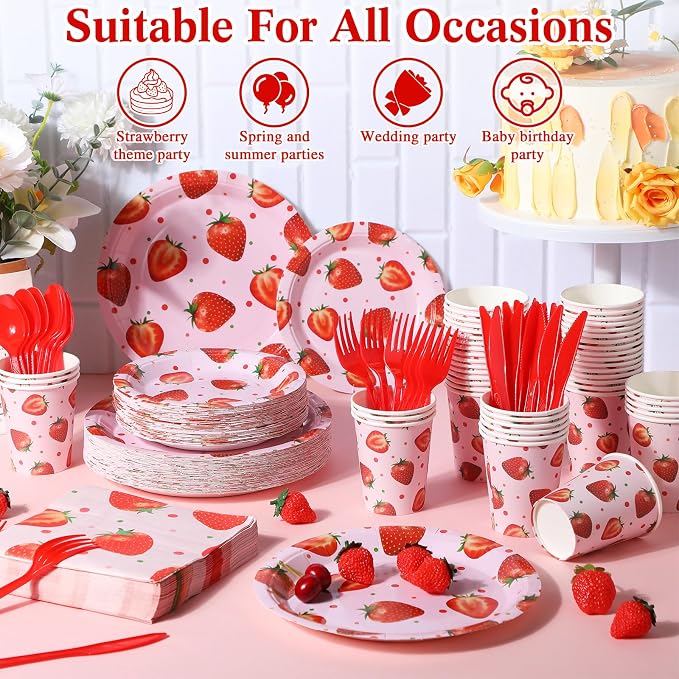 Ziliny 350 Pcs Strawberry Party Supplies Tableware Set Disposable 9'' 7'' Paper Plates 9 oz Cups Cutlery Napkins Dinnerware Set for 1st Berry First Birthday, Serve 50 (Strawberry, Red, Pink)