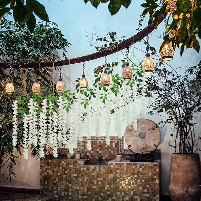 24 Pack Artificial Wisteria Hanging Flowers Fake Wisteria Flower Garland Silk Vines Rattan Decor for Home Wedding Arch Wall Garden Greenery Bedroom Outdoor Office Party Decoration (White)
