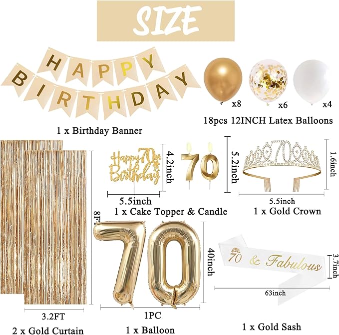 Trgowaul 70th Birthday Decorations for Women, Banner, Sash and Crown, Cake Topper, 70 Number Balloon, Fringe Curtains, Champagne Gold 70th Birthday Party Supplies