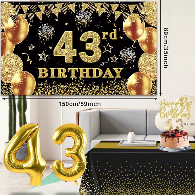43rd Birthday Decorations Men Women with 43rd Birthday Banner, Black and Gold Table Cloth, Number Balloons, Large Sash, Cake Topper and Candles