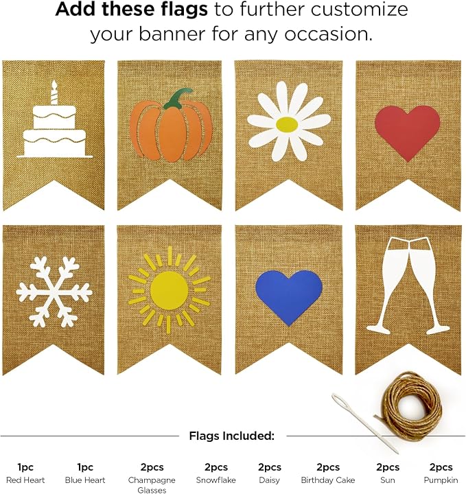 Custom Banner Kit with Holiday Banners and Picture Flags, 109 Imitation Burlap Flags, Includes 95 Printed Letters, Numbers & Symbols, DIY, String & Needle