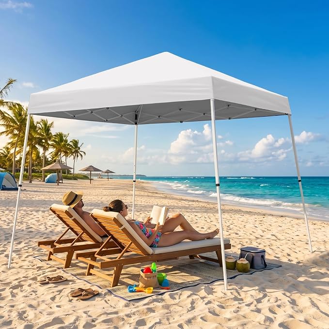 10x10 Pop Up Canopy Tent with Carry Bag, Slant Leg Instant Shade Shelter for Outdoor Events, Camping, Sports, Parties, White