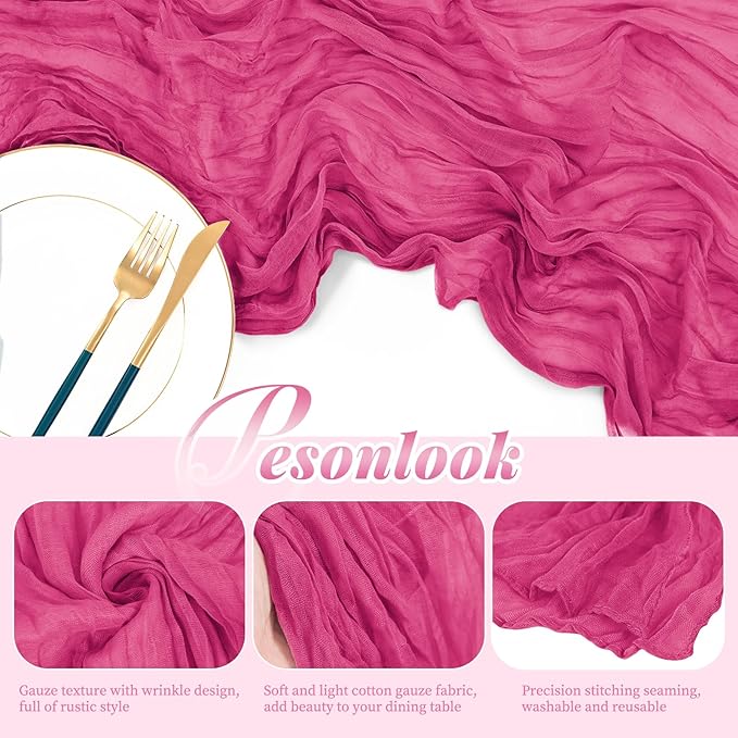 Pesonlook 12 Pack Hot Pink Rustic Boho Cheesecloth Table Runner, 10FT Long Semi Sheer, 21.5" W x 120" L, Polyester, Solid, Wedding/Birthday/Bridal Shower/Party Decorations