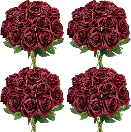 48 PCS Burgundy Roses Artificial Flowers - Fake Silk Floral with Long Stems Bulk for Table Centerpieces DIY Bouquet Arrangements Wedding Party Bridal Shower Vase Decorations