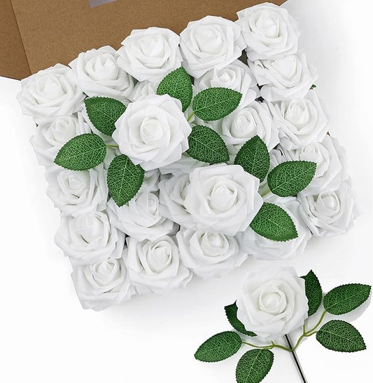 DuHouse 50Pcs Artificial Roses Flowers Fake Roses with Stems Real Touch Foam Flowers for DIY Wedding Bouquet Party Centerpiece Floral Arrangement Party Home Decor(White)