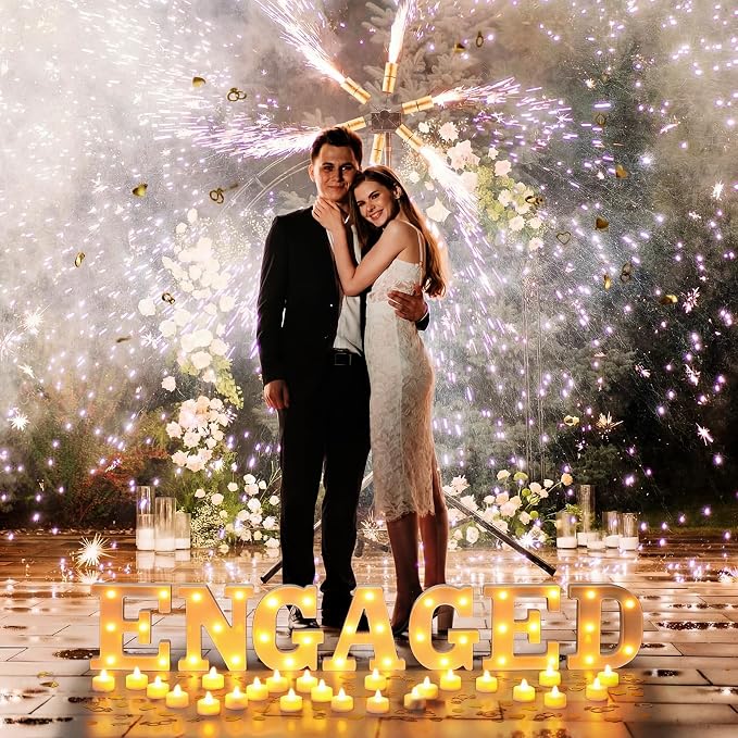 Engagement Party Decorations 7 Pcs 6.3" Engaged LED Light up Letter Sign 24 Realistic Flameless Tealights Gold I Do Confetti Proposal Table Decor for Engagement Wedding Bridal Shower Party