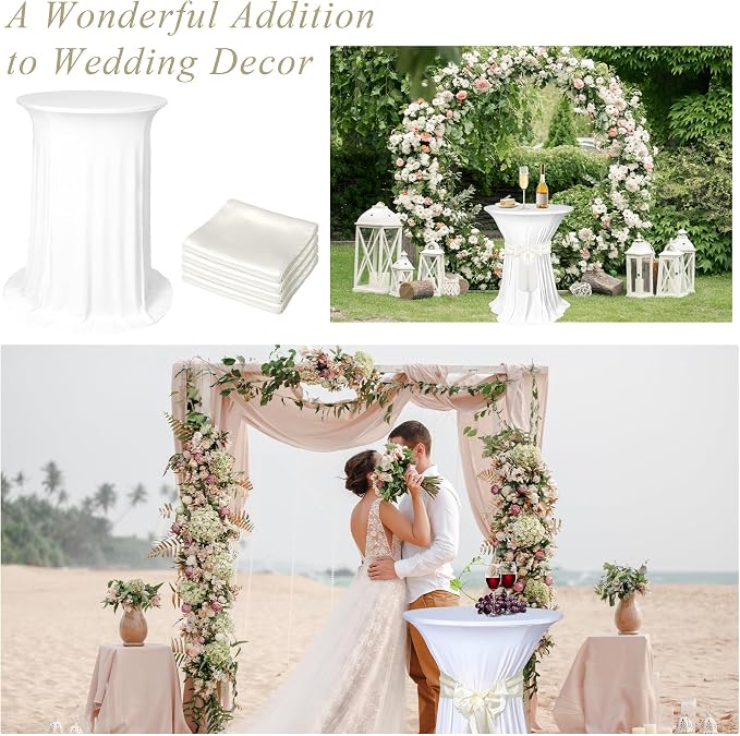 Kochorie 4 Set Cocktail Table Covers with Satin Sash, 32 x 43 Inch Round Cocktail Table Skirt, Spandex Stretch High Top Tablecloth for Wedding Banquet Birthday Party Decorations, (White, Ivory)