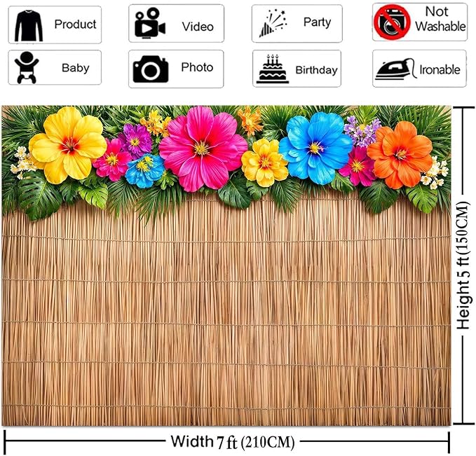 5x3ft Tropical Hawaiian Reed Backdrop, Summer Beach Hibiscus Flower Luau Party Vinyl Photograph Background with Palm Leaves for Aloha Bar Decor, Photoshoot, Birthday Party Supplies